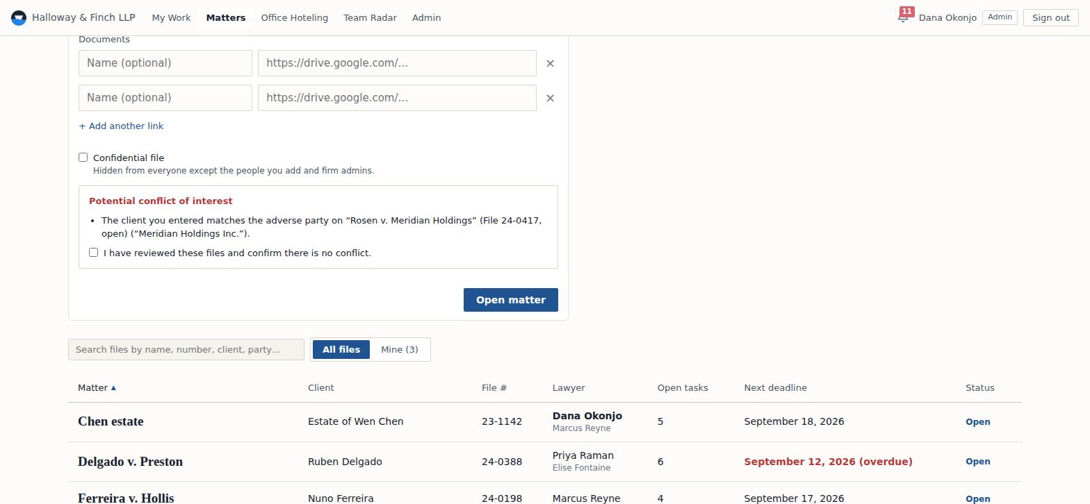 Opening a new matter whose client is already the adverse party on an existing file. Intake shows a potential conflict naming the matching file, and requires a reviewed-and-confirmed acknowledgment before the matter can be opened.