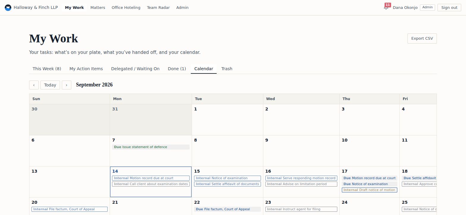 A month calendar of one lawyer's work, distinguishing internal target dates from the dates actually due at court.