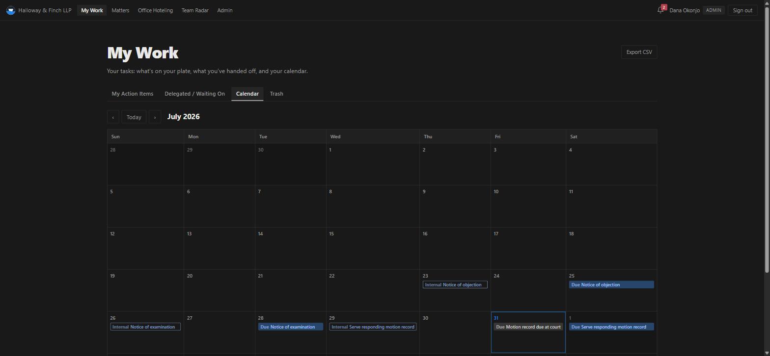 A month calendar of one lawyer's work, distinguishing internal target dates from the dates actually due at court.